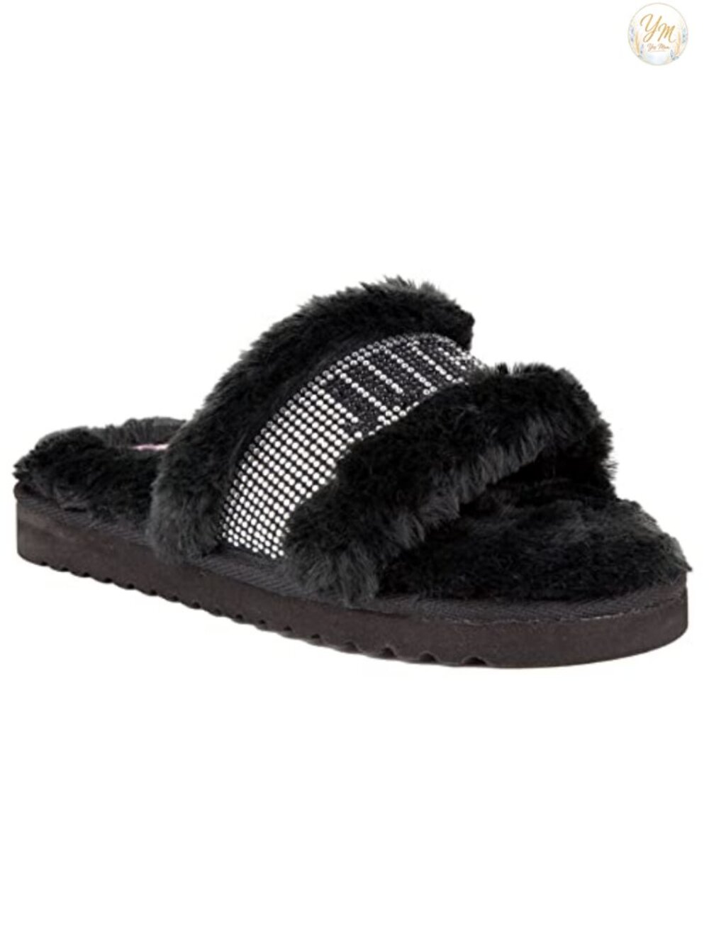 Faux Fur Slide Slippers with Rhinestone Strap, Open Toe, Slip Resistant